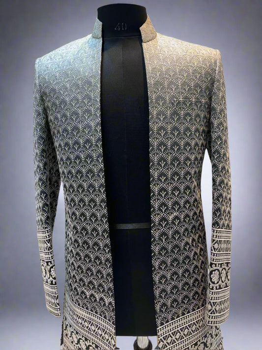 Silver Floral Pattern Sherwani with Kurta Pajama #MS106