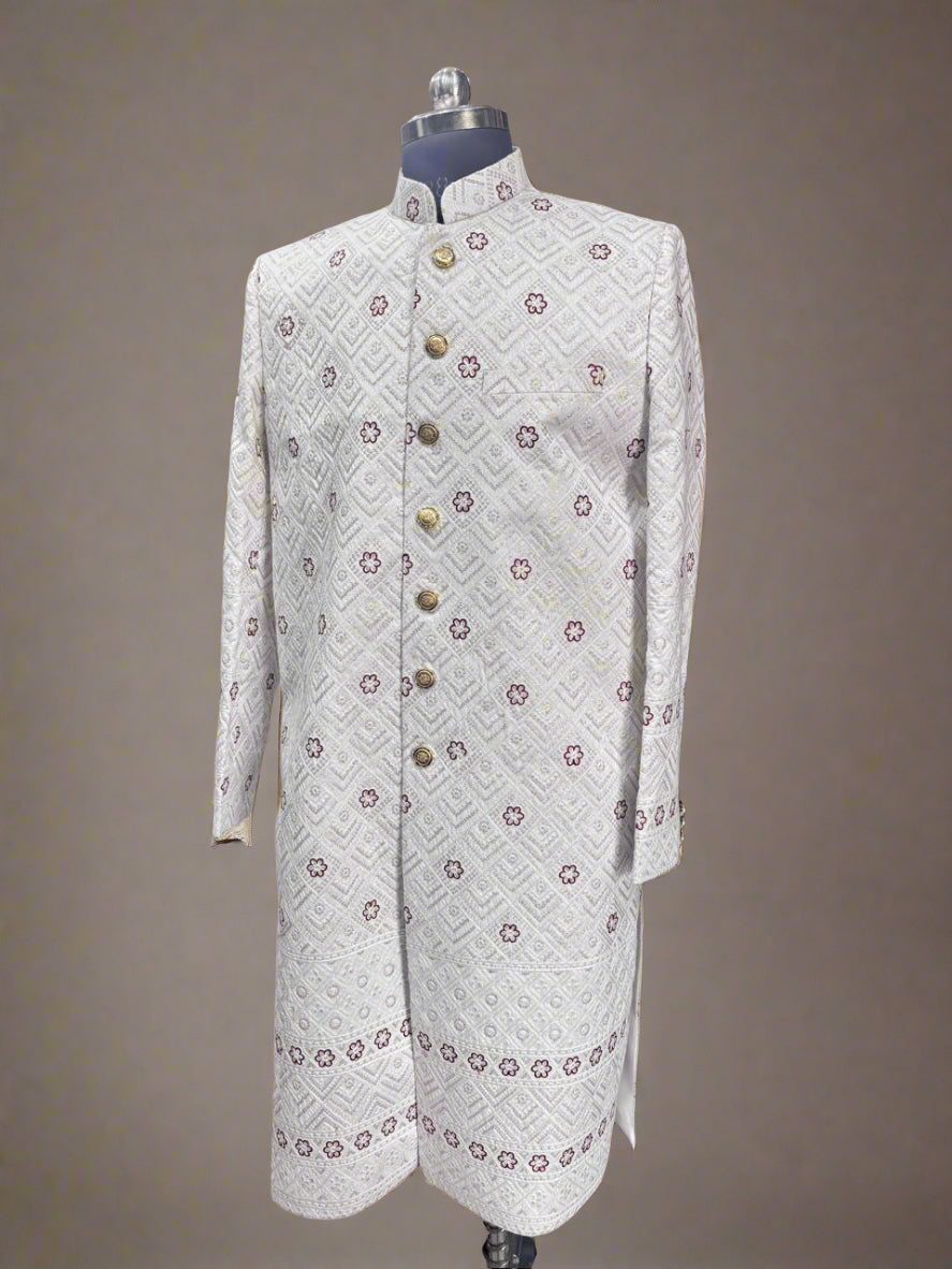 White Floral Pattern Sherwani #MS104