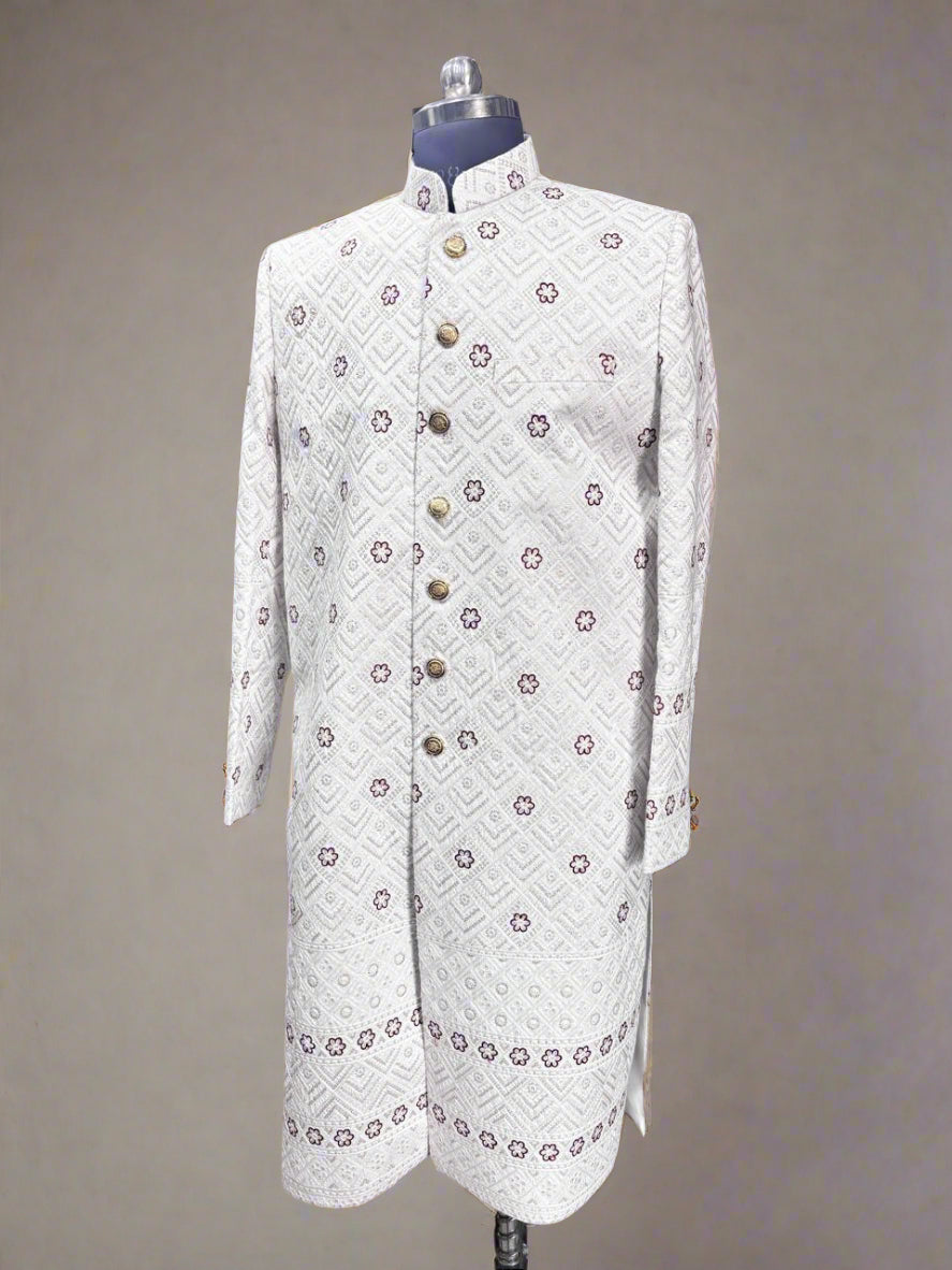 White Floral Pattern Sherwani #MS104