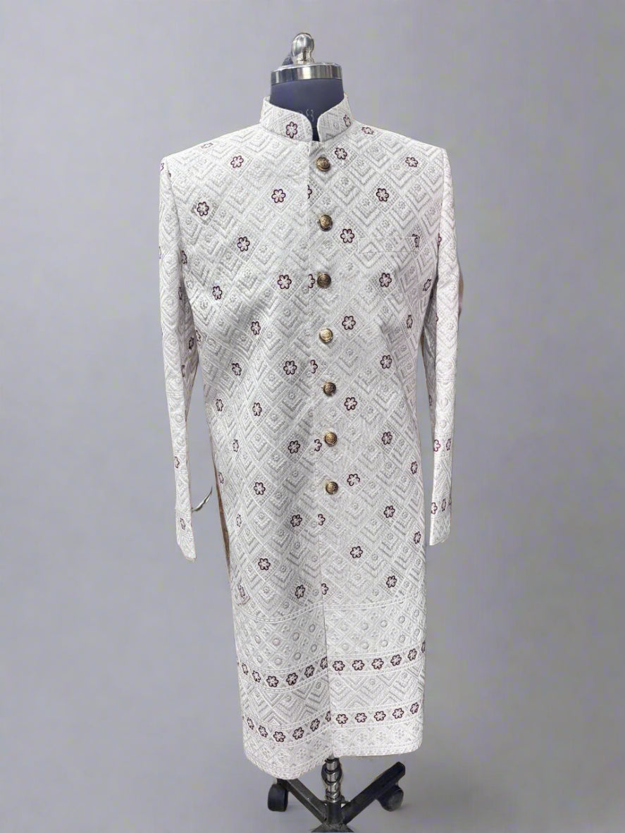 White Floral Pattern Sherwani #MS104