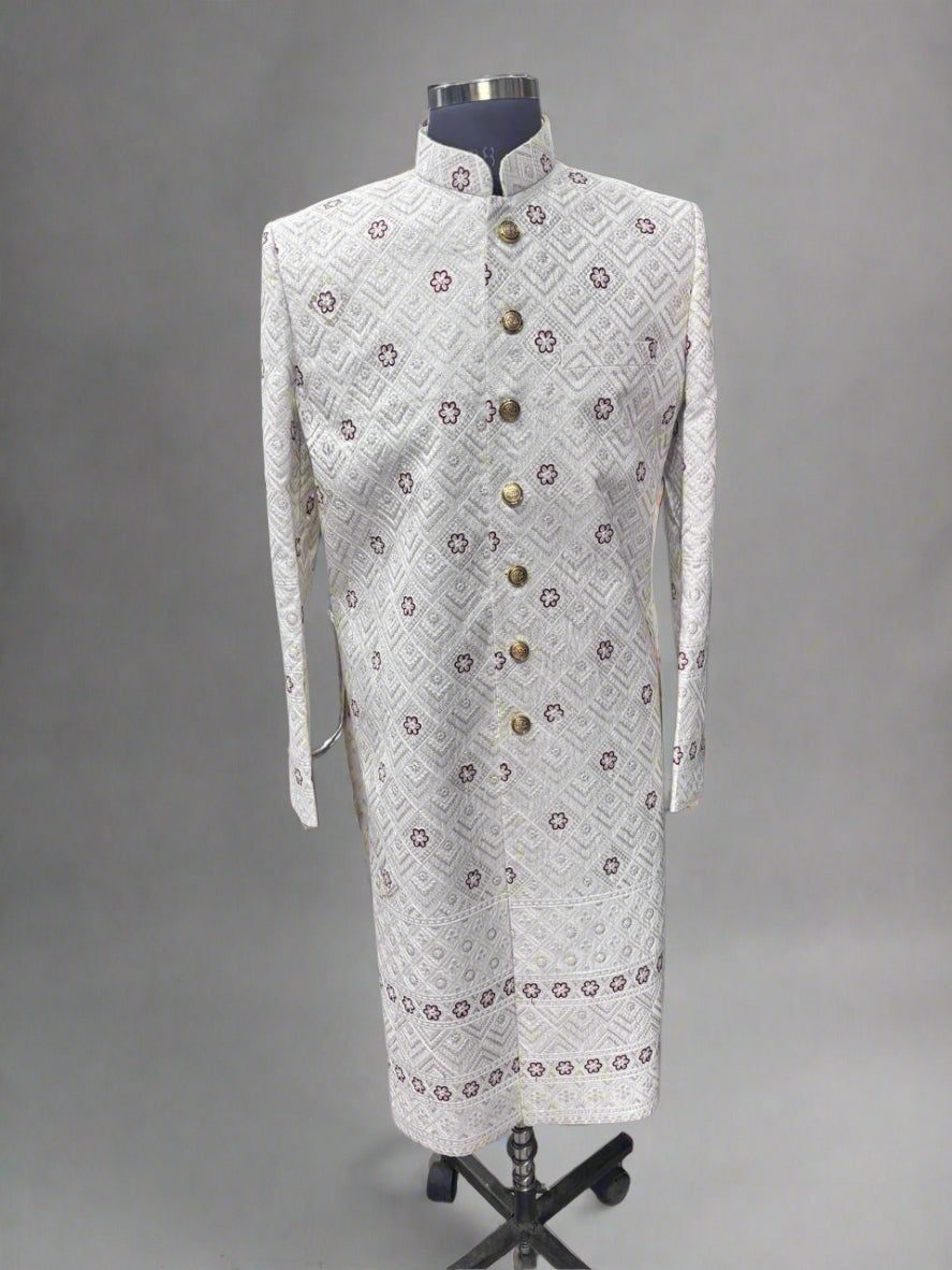 White Floral Pattern Sherwani #MS104