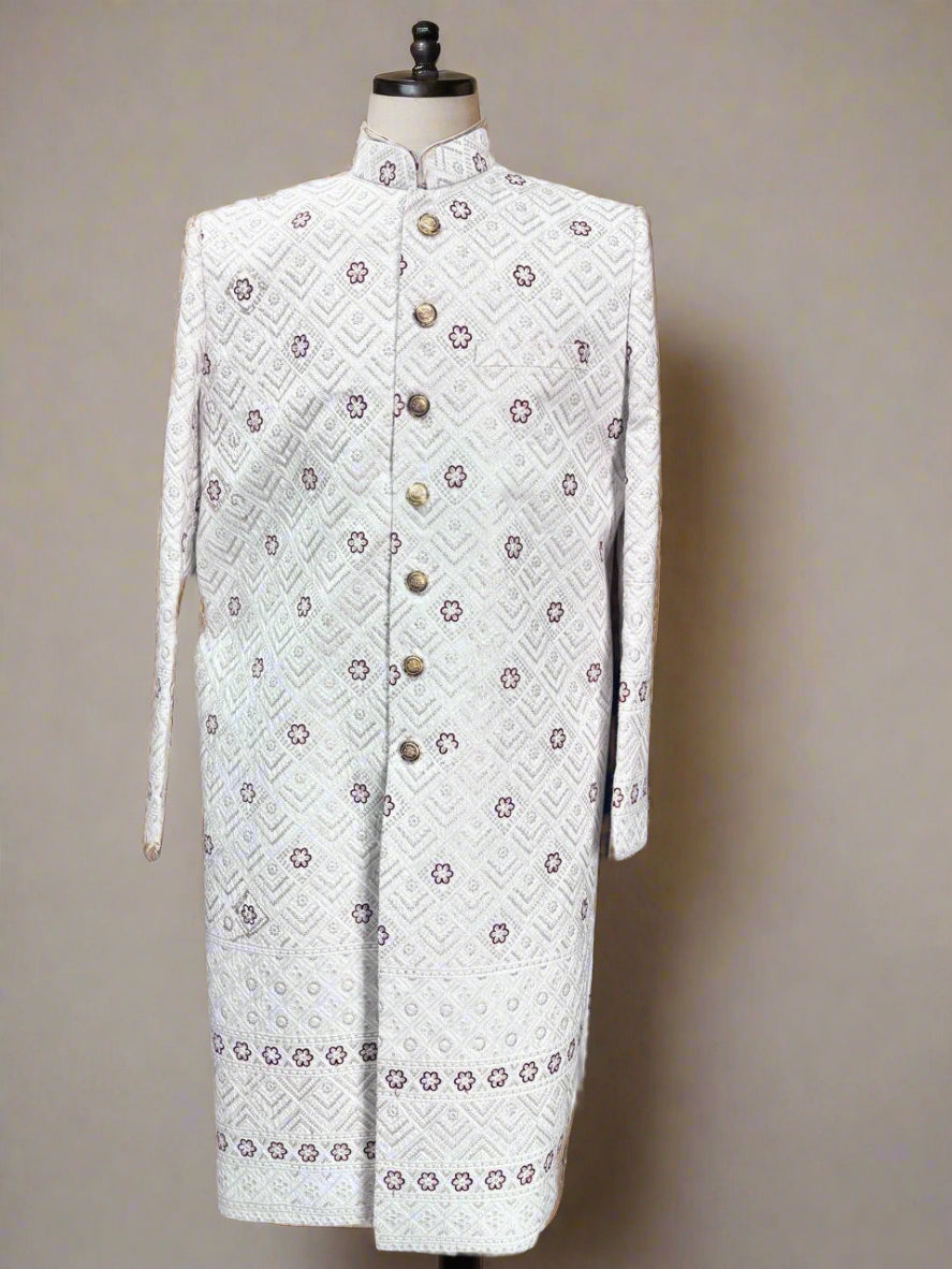 White Floral Pattern Sherwani #MS104