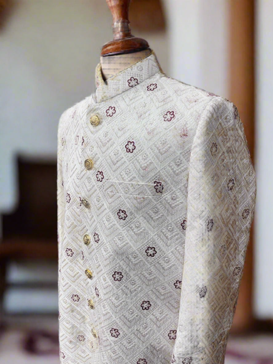 White Floral Pattern Sherwani #MS104