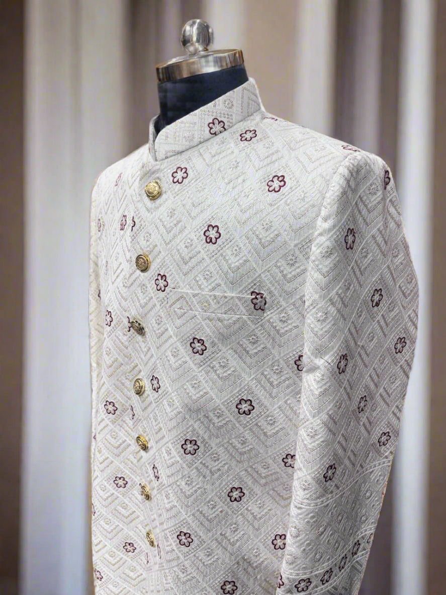 White Floral Pattern Sherwani #MS104